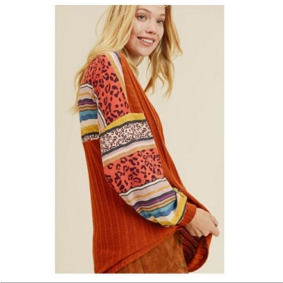 Gorgeous Autumn Fall Contrast Balloon Sleeve Top - Picture 3 of 5